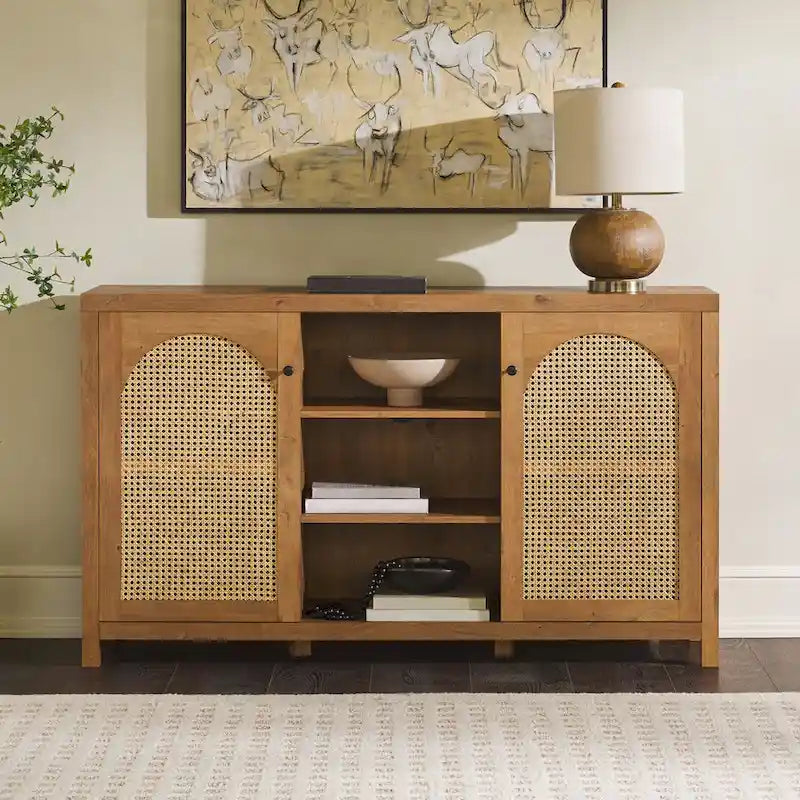 58-Inch 2-Door Sideboard with Arched Rattan Panel Doors