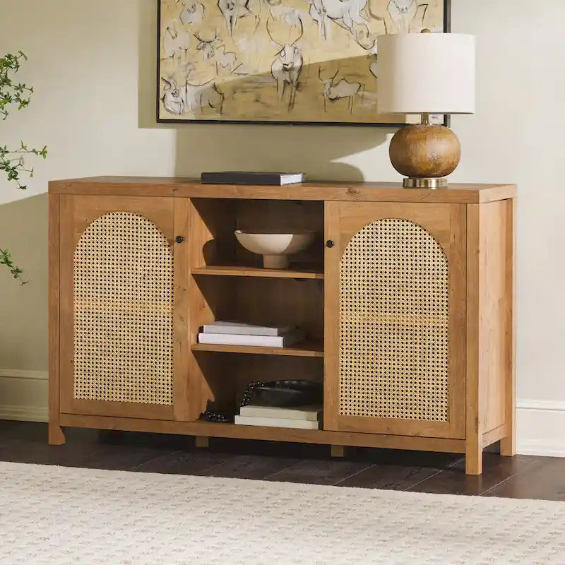58-Inch 2-Door Sideboard with Arched Rattan Panel Doors