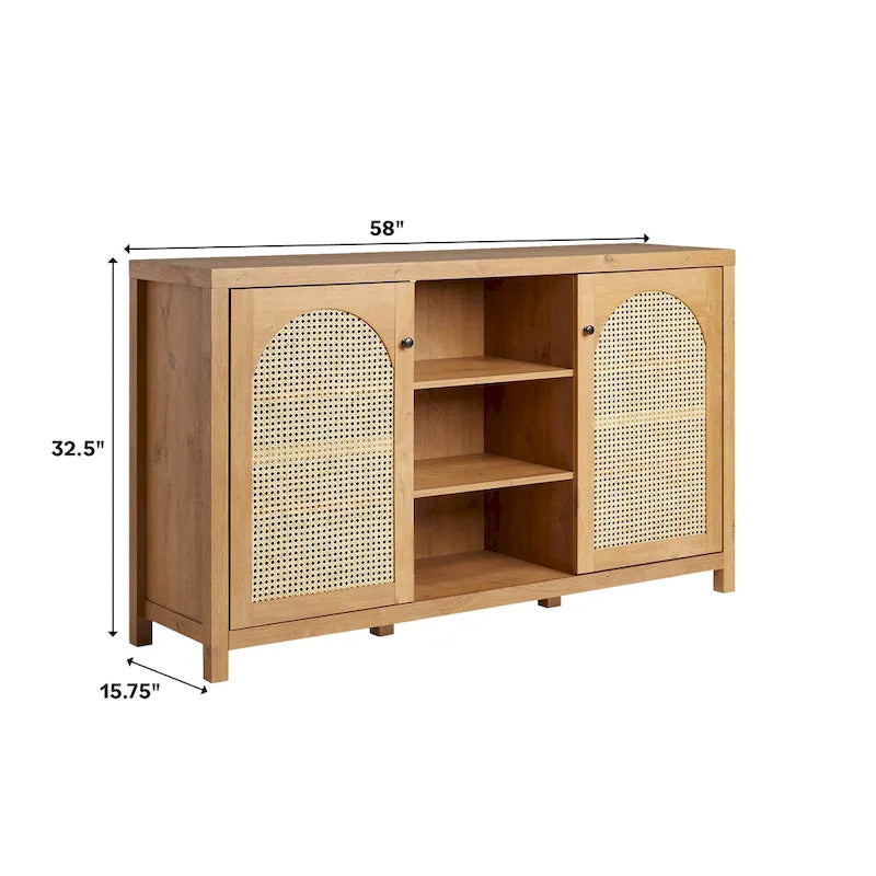 58-Inch 2-Door Sideboard with Arched Rattan Panel Doors