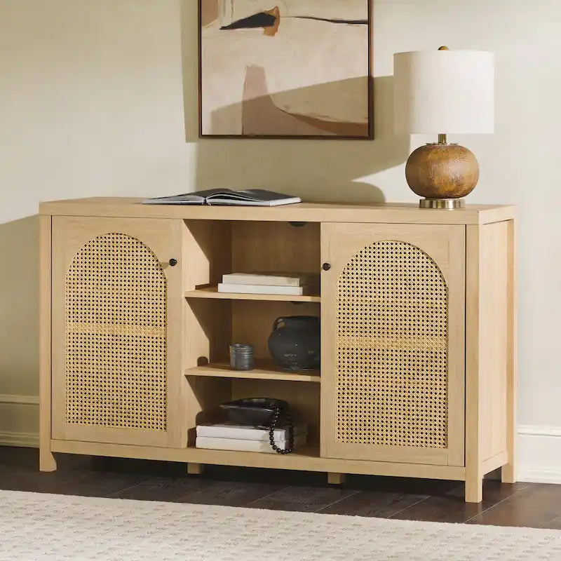 58-Inch 2-Door Sideboard with Arched Rattan Panel Doors