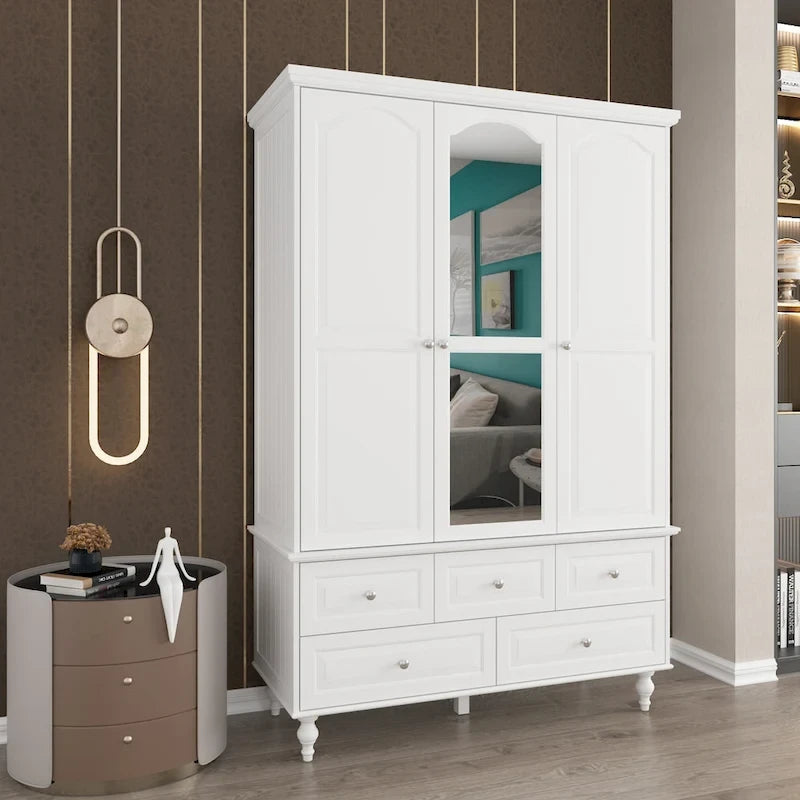 70.9-Inch Tall White Lacquer Wardrobe Armoire with Mirror Doors