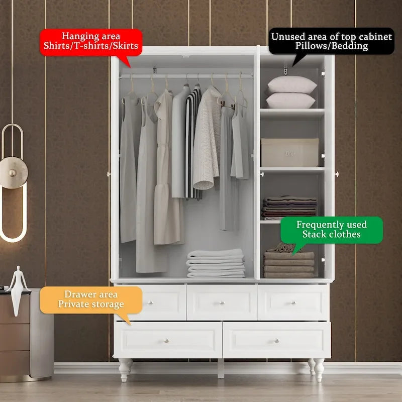 70.9-Inch Tall White Lacquer Wardrobe Armoire with Mirror Doors