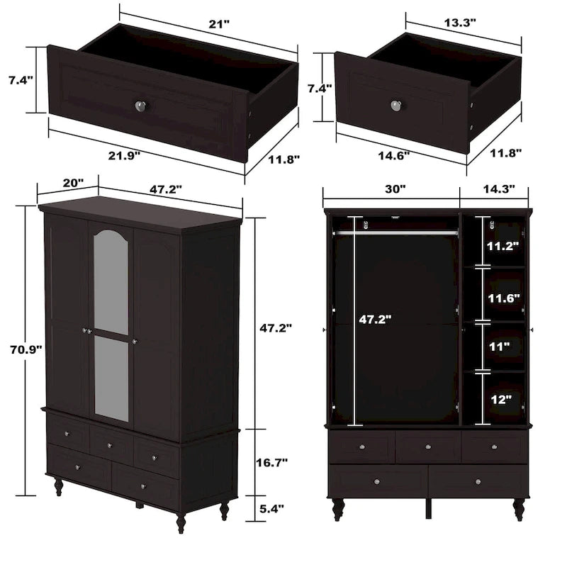 70.9-Inch Tall White Lacquer Wardrobe Armoire with Mirror Doors