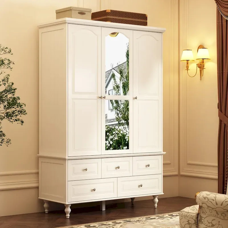 70.9-Inch Tall White Lacquer Wardrobe Armoire with Mirror Doors