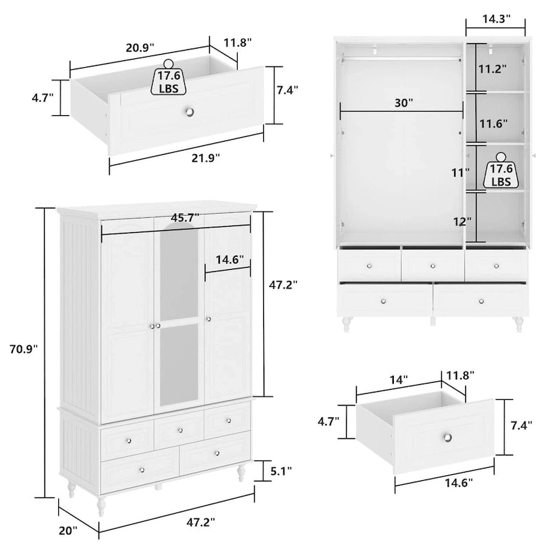 70.9-Inch Tall White Lacquer Wardrobe Armoire with Mirror Doors