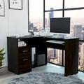 L-Shaped Computer Desk with Open Shelving, 2 Drawers, and Retractable Keyboard Tray
