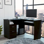 L-Shaped Computer Desk with Open Shelving, 2 Drawers, and Retractable Keyboard Tray