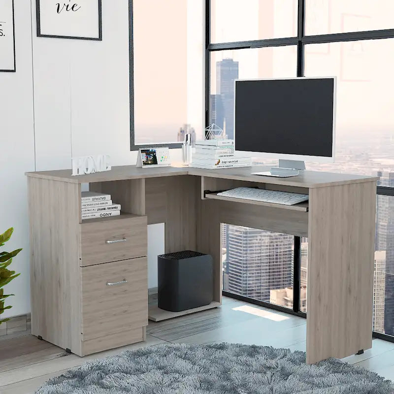 L-Shaped Computer Desk with Open Shelving, 2 Drawers, and Retractable Keyboard Tray