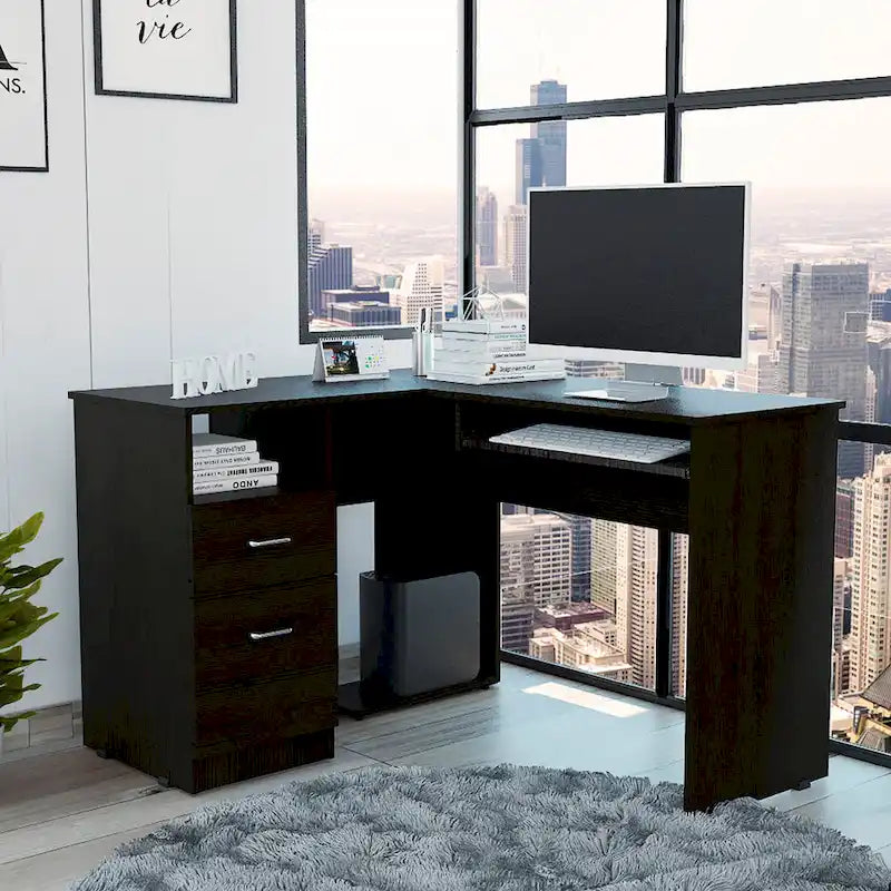  Mix L-Shaped Desk with Open Shelving, 2 Drawers, and a Retractable Keyboard