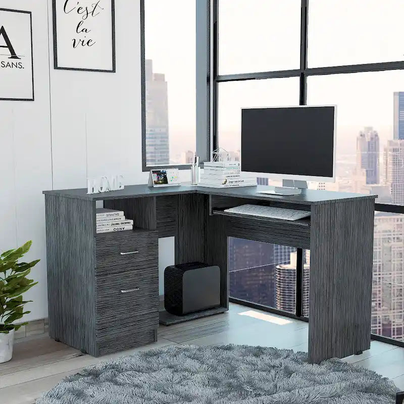 L-Shaped Computer Desk with Open Shelving, 2 Drawers, and Retractable Keyboard Tray