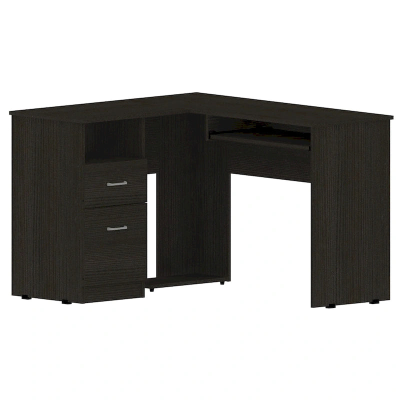 L-Shaped Computer Desk with Open Shelving, 2 Drawers, and Retractable Keyboard Tray