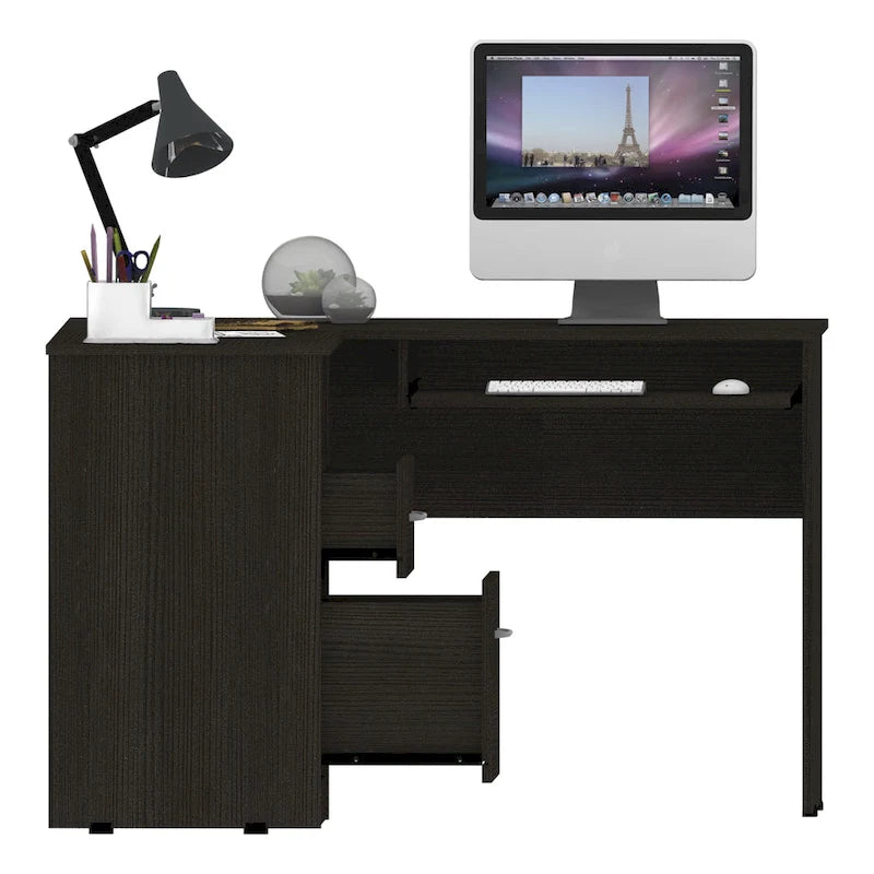 L-Shaped Computer Desk with Open Shelving, 2 Drawers, and Retractable Keyboard Tray