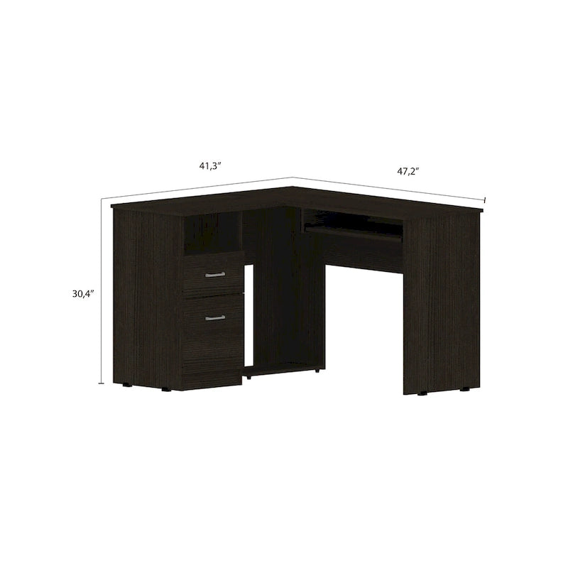L-Shaped Computer Desk with Open Shelving, 2 Drawers, and Retractable Keyboard Tray