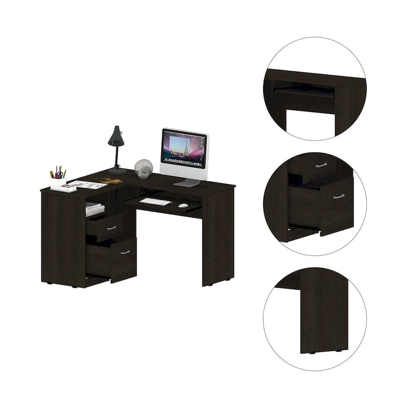 L-Shaped Computer Desk with Open Shelving, 2 Drawers, and Retractable Keyboard Tray