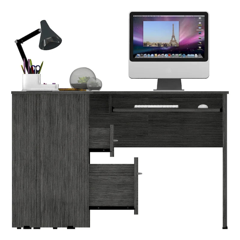 L-Shaped Computer Desk with Open Shelving, 2 Drawers, and Retractable Keyboard Tray