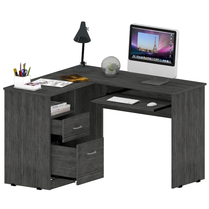 L-Shaped Computer Desk with Open Shelving, 2 Drawers, and Retractable Keyboard Tray