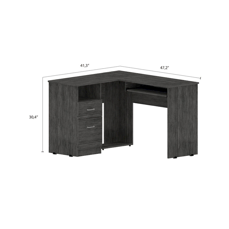 L-Shaped Computer Desk with Open Shelving, 2 Drawers, and Retractable Keyboard Tray
