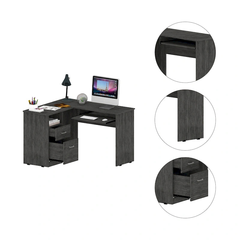 L-Shaped Computer Desk with Open Shelving, 2 Drawers, and Retractable Keyboard Tray