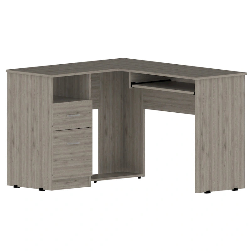 L-Shaped Computer Desk with Open Shelving, 2 Drawers, and Retractable Keyboard Tray