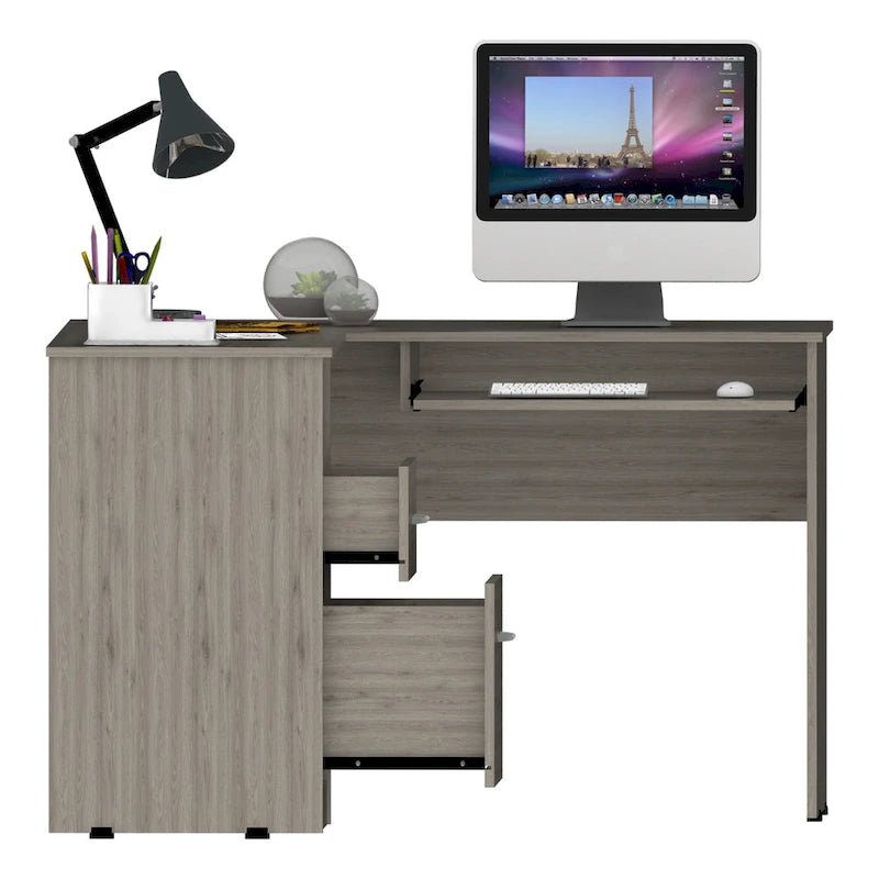 L-Shaped Computer Desk with Open Shelving, 2 Drawers, and Retractable Keyboard Tray