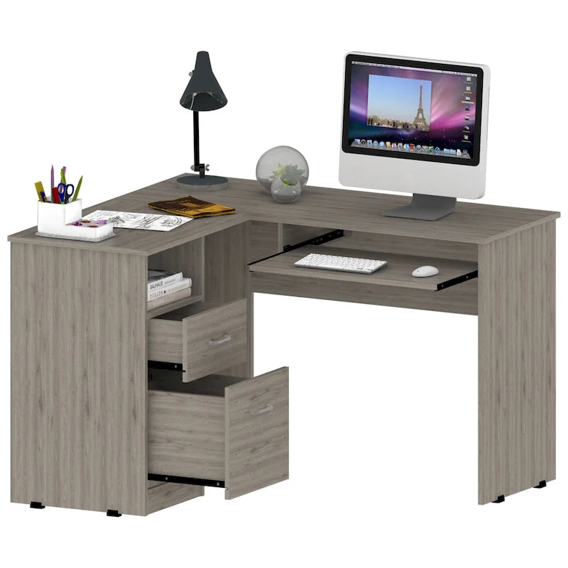 L-Shaped Computer Desk with Open Shelving, 2 Drawers, and Retractable Keyboard Tray