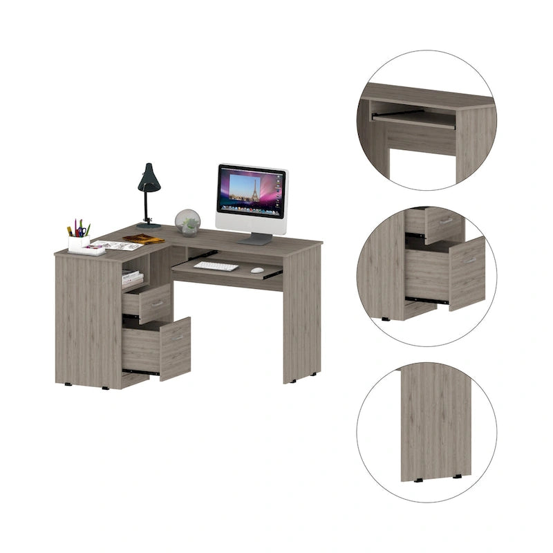 L-Shaped Computer Desk with Open Shelving, 2 Drawers, and Retractable Keyboard Tray