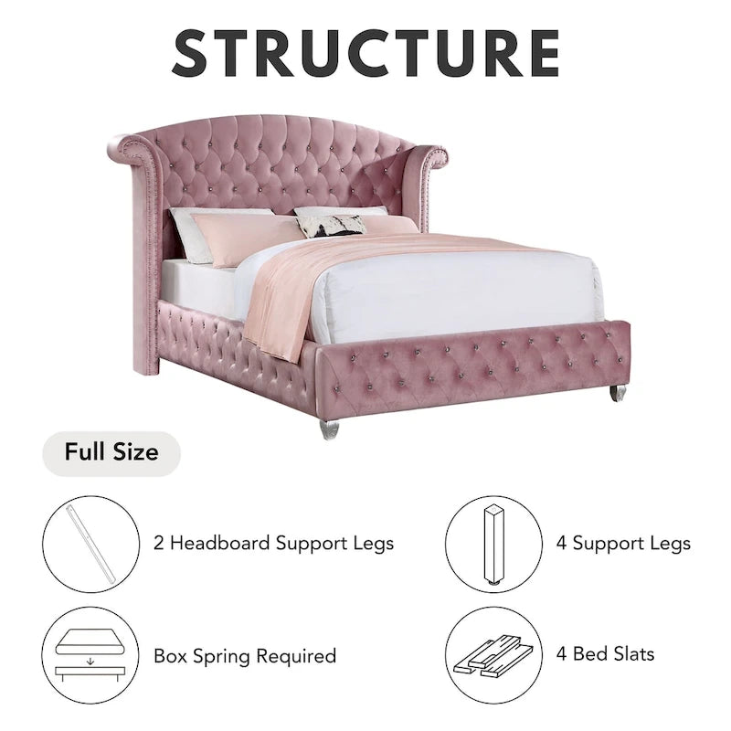 Glam Pink Button-Tufted Wingback Upholstered Panel Bed