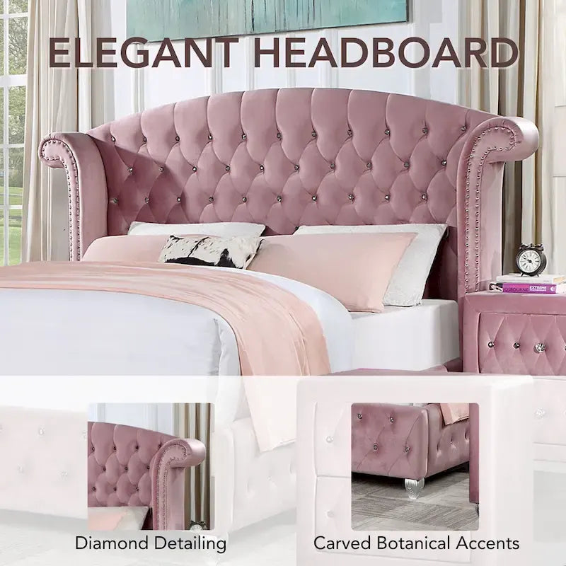 Glam Pink Button-Tufted Wingback Upholstered Panel Bed
