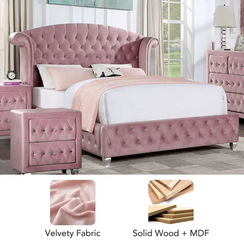 Glam Pink Button-Tufted Wingback Upholstered Panel Bed