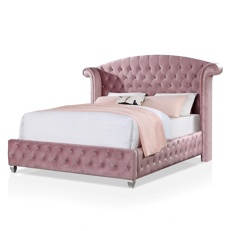 Glam Pink Button-Tufted Wingback Upholstered Panel Bed