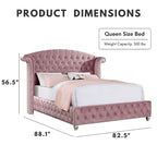 Glam Pink Button-Tufted Wingback Upholstered Panel Bed