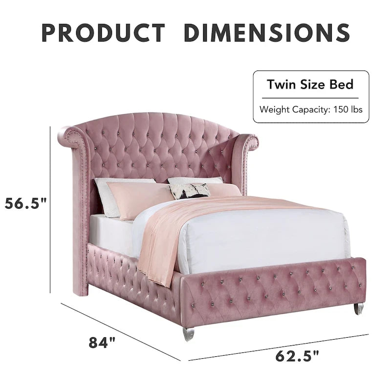 Glam Pink Button-Tufted Wingback Upholstered Panel Bed