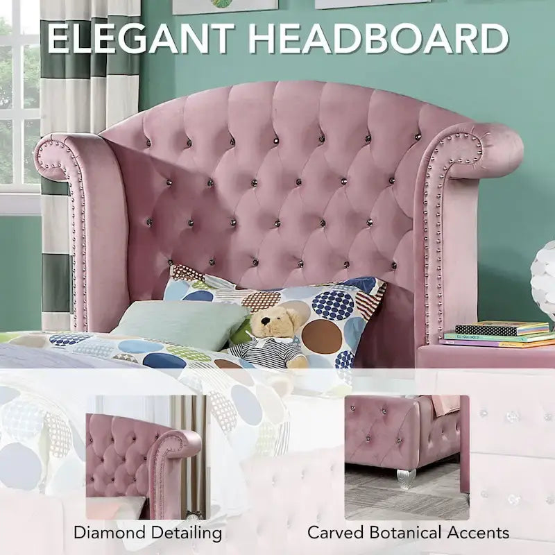 Glam Pink Button-Tufted Wingback Upholstered Panel Bed