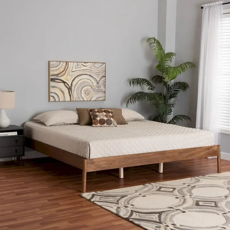  Mid-Century Modern Ash Walnut Finished Wood Queen Size Bed Frame