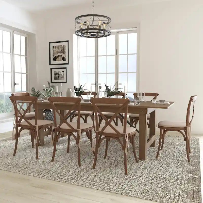 8' x 40 Rustic Folding Farm Table Set with 8 Cross Back Chairs and Cushions