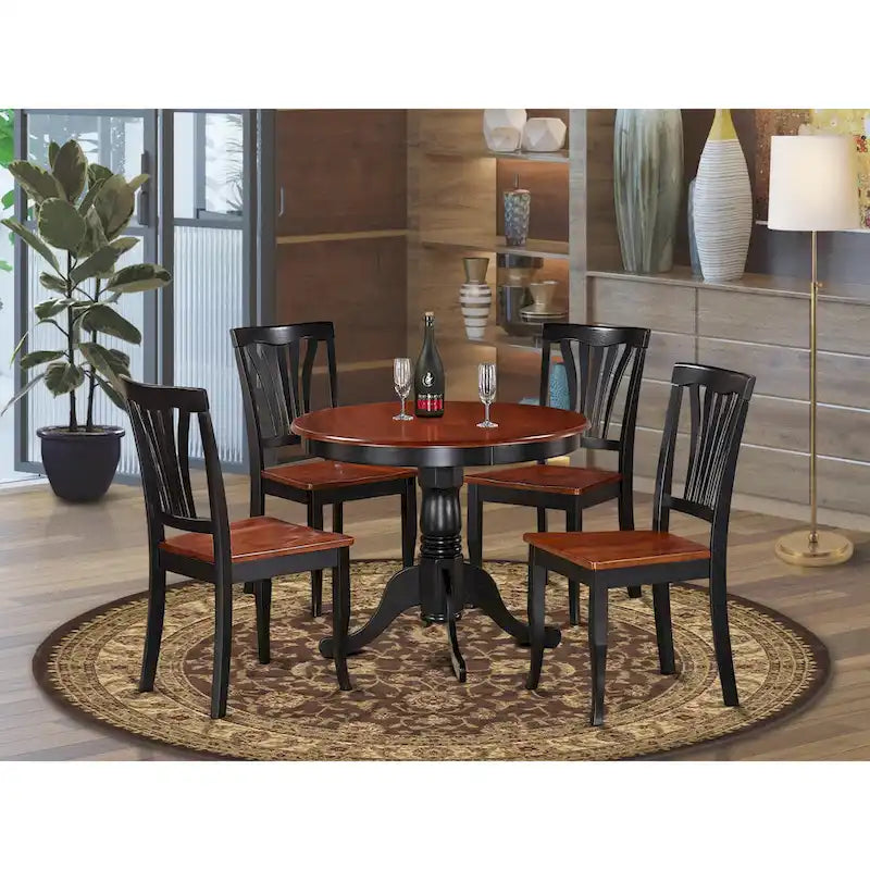  ANAV5-BLK-W 5 Piece Kitchen Table Set- a Round Dining Room Table and 4 Dining Chairs, Black & Cherry