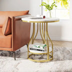 Round 2-Tier End Table in White and Gold with Storage