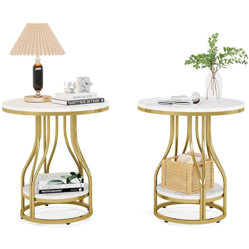 Round 2-Tier End Table in White and Gold with Storage