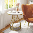 Round 2-Tier End Table in White and Gold with Storage