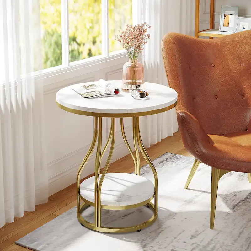 Round 2-Tier End Table in White and Gold with Storage