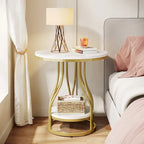 Round 2-Tier End Table in White and Gold with Storage