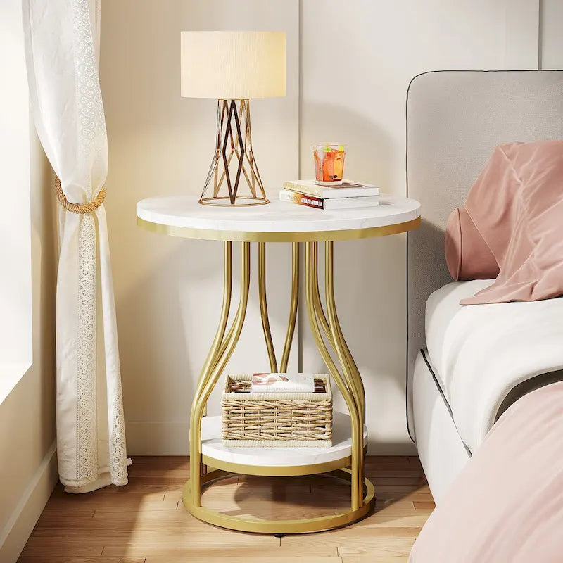 Round 2-Tier End Table in White and Gold with Storage