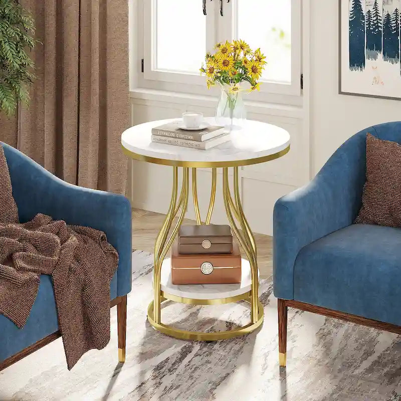 Round 2-Tier End Table in White and Gold with Storage