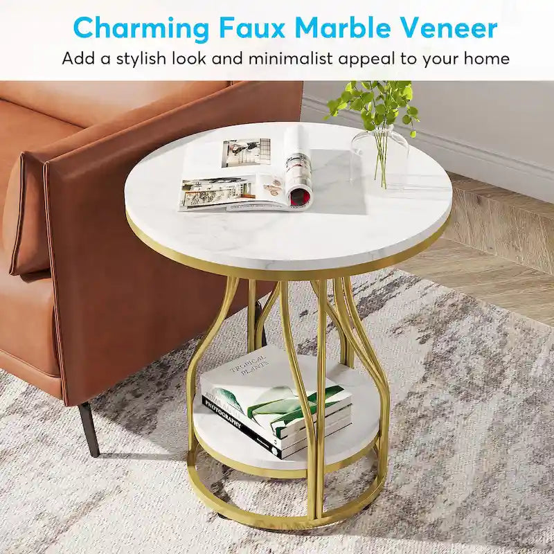 Round 2-Tier End Table in White and Gold with Storage