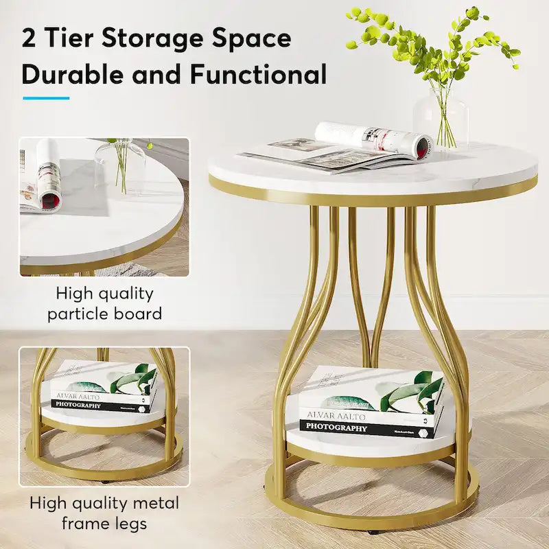 Round 2-Tier End Table in White and Gold with Storage