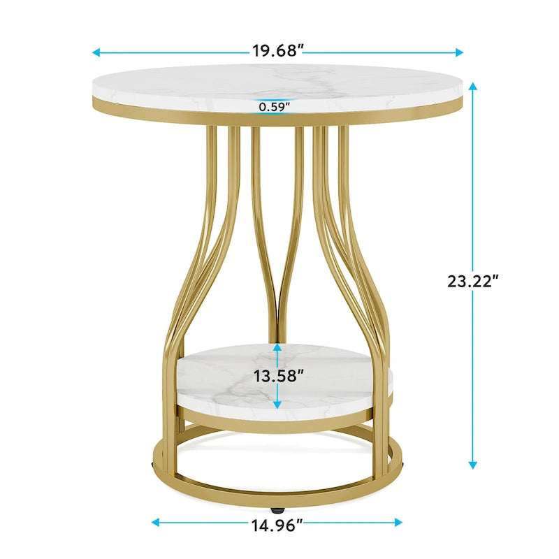 Round 2-Tier End Table in White and Gold with Storage