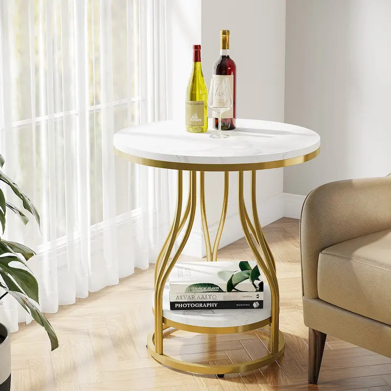 Round 2-Tier End Table in White and Gold with Storage