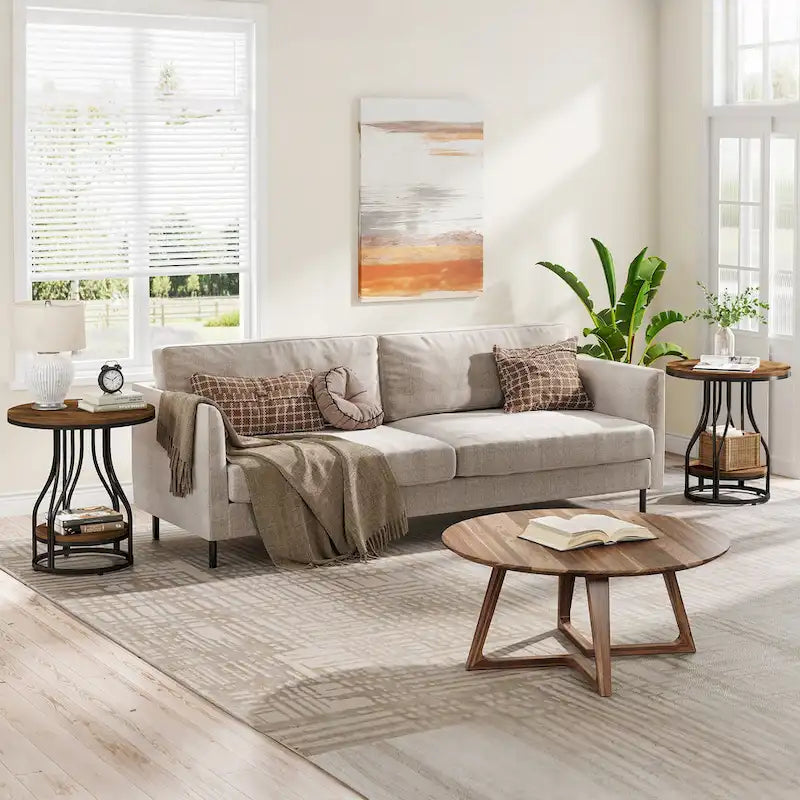 Round 2-Tier End Table in White and Gold with Storage