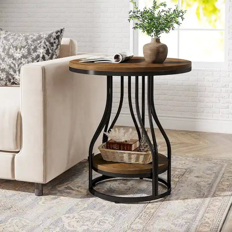 Round 2-Tier End Table in White and Gold with Storage