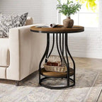 Round 2-Tier End Table in White and Gold with Storage